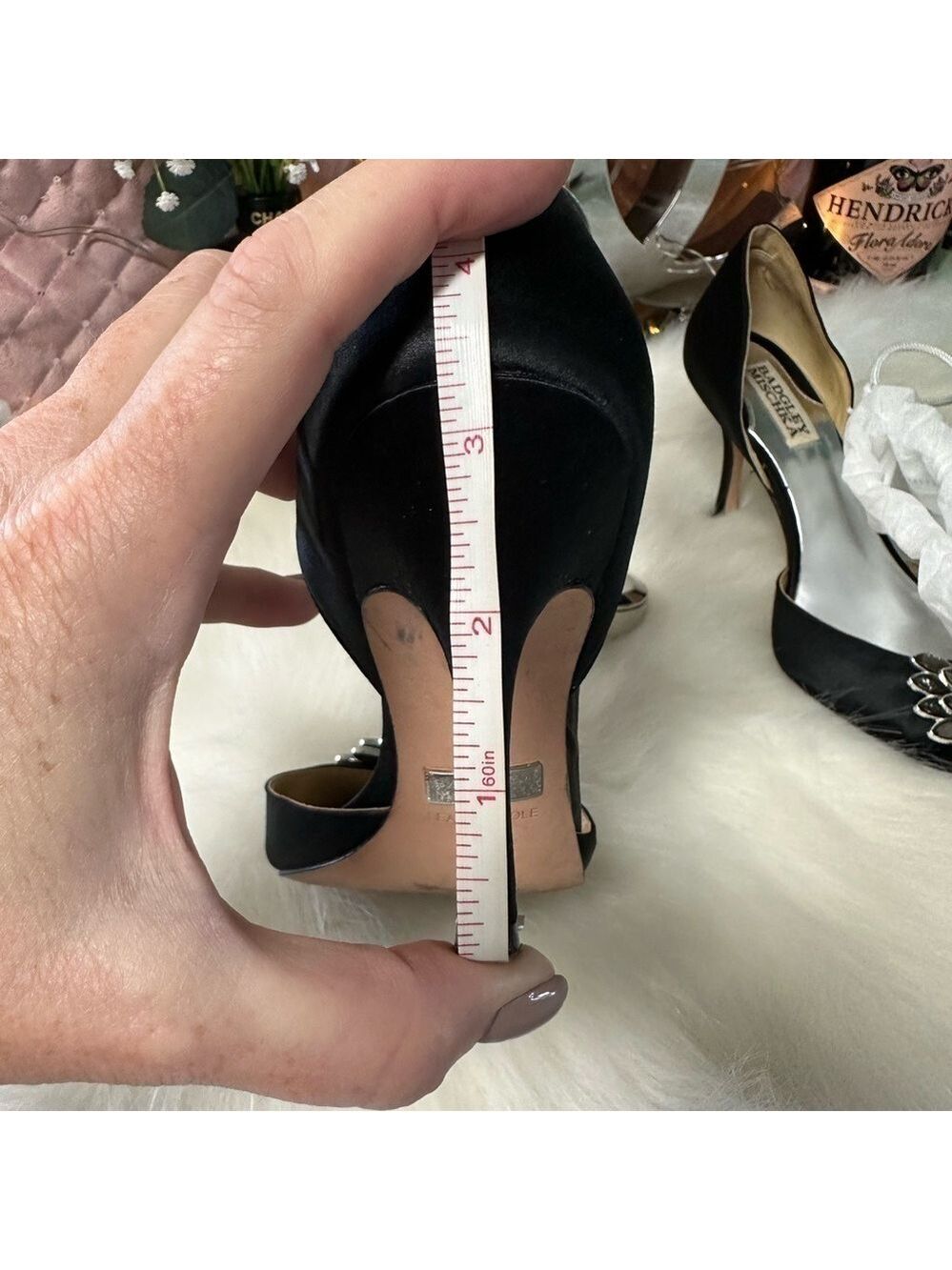 BADGLEY MISCHKA BLACK SATIN D’ORSAY OPEN TOE RHINESTONE EMBELLISHED HEELS 6.5M - Picture 8 of 9